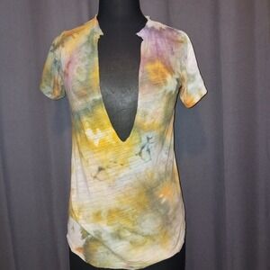 LNA Made in USA Tie Dye T-Shirt Deep V-Neck Raw Hem Short Sleeve Tee Top